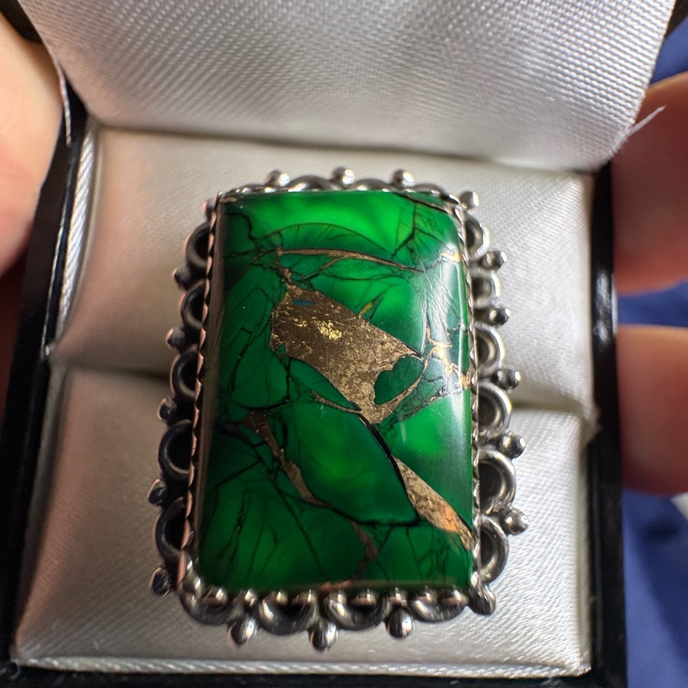 Ring Green Apple Dahlia Turquoise Copper Infused 925 Sterling Silver